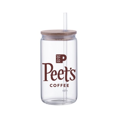 Union Printed - 18 Oz. Can Glass w/ Bamboo lid & straw