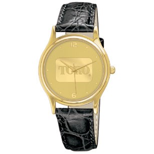 Men's Brass Case Watch with Leather Strap and Gold Mirrorcraft Dial