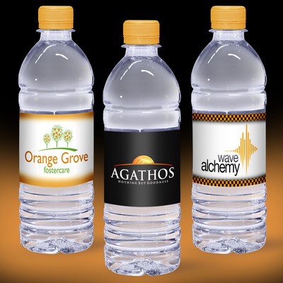 16.9 Oz. Custom Label Water w/Tangerine Yellow Flat Cap - Clear Bottle