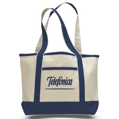 Heavy Canvas Deluxe 2-Pocket Tote (PRINTED)--Natural/Navy