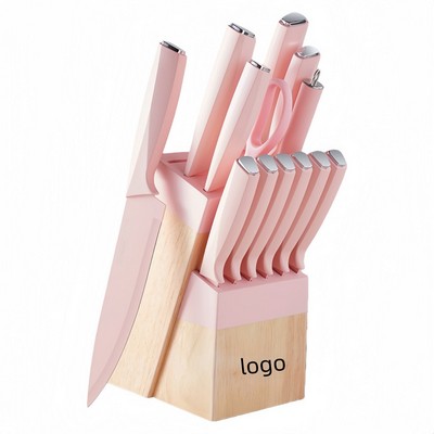 Pink 14-Piece Kitchen Knife Set in Stainless Steel with Ergonomic Handles