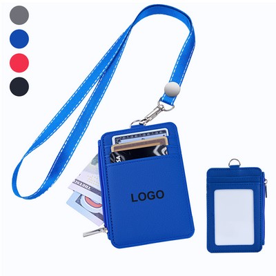 Lanyard PU Leather ID Badge Card Holder With Zippered Pocket