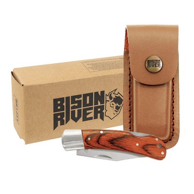 Bison River Wood Folding Knife with Leather Sheath
