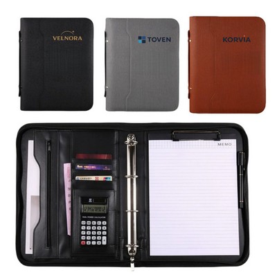 Multifunction PU Leather Business Portfolio with 4 Ring Binder and Calculator