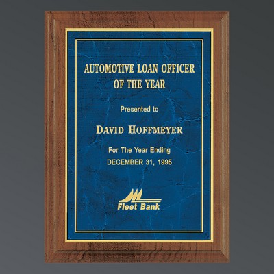 Genuine American Walnut Step-Edge Plaque with Sapphire Blue Marble Background, Small (7"x9")