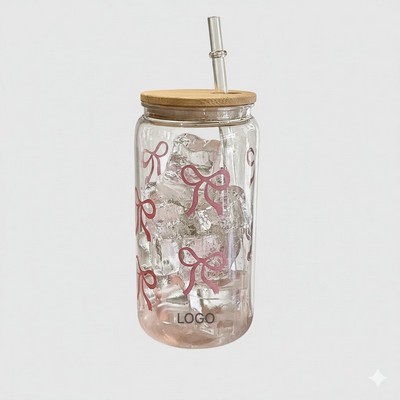 16oz Luxury Clear Plastic Can Cup with Bamboo Lid & Straw