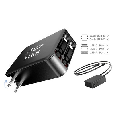 65W Wall Charger w/ Retractable Cable C+C- USB Port A+C+C