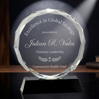 7" Meridian Clear Round Faceted Crystal Award on Black Slant Base