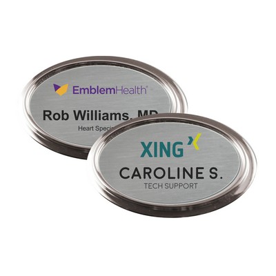 2 3/4" x 1 7/8" Silver Framed Oval Name Badge w/Full Color Imprint & Personalization