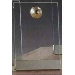 Clear Glass Plaque Award w/Gold Baseball Accent, Gold Plastic Mounts & Base (4"x6.5")