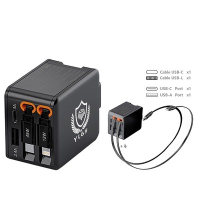45W Wall Charger w/ Retractable Cable C+L- USB Port A+C