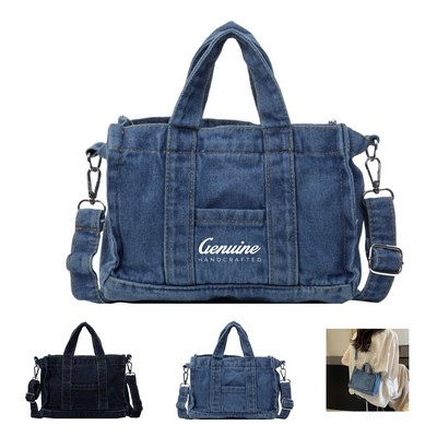 Retro Denim Tote Bag with Exterior Pocket
