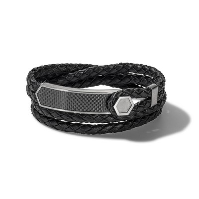 Bulova Jewelry Double Wrap Braided Black Leather And Stainless Steel Bracelet - Large