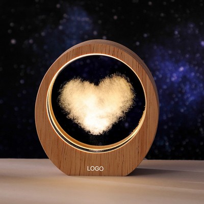3D Engraved Crystal Night Light with Wooden Base Desktop Decoration