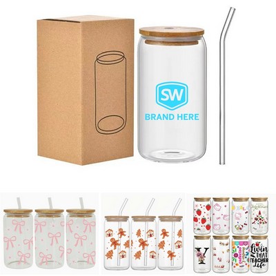 Glass Can Cup /Bamboo Lid & Straw