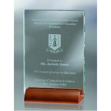 Small Jade Glass Plaque w/Wood Base Award