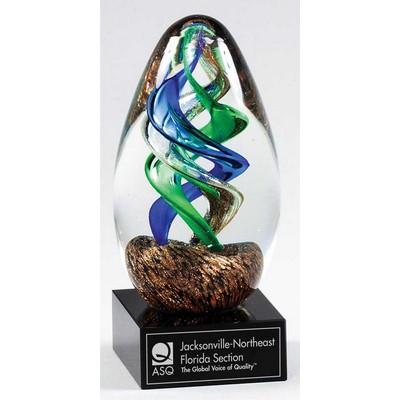 6 1/2" Blue/Green and Gold Art Glass on Black Glass Base