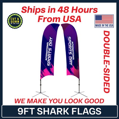 9' Shark Flag - Double-Sided W/Chrome X Base - Made in the USA