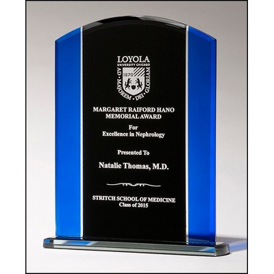 Clear Glass Award w/Blue & Black Silk Screened Upright on Black Screened Base (5.875"x 7.75")