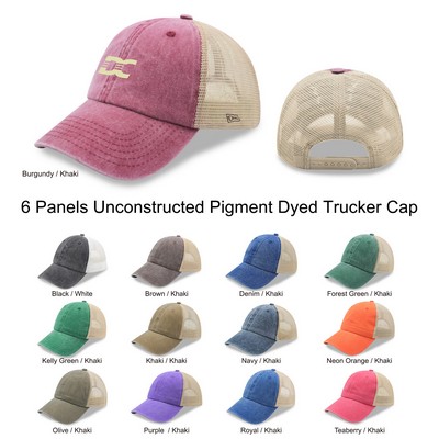 6 Panel Low Profile Trucker Cap Garment Washed Pigment Dyed Soft Mesh Snapback