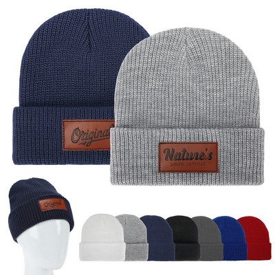 Cuffed Knit Beanie With Faux Leather Patch