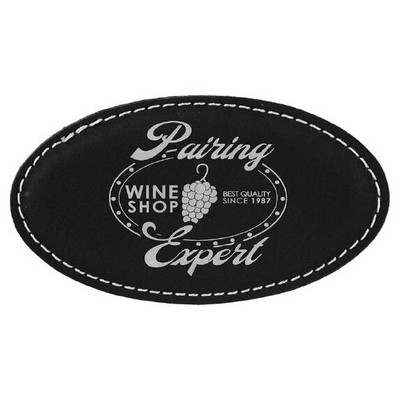 Oval Badge with magnet, Black Faux Leather, 3 1/4" x 1 3/4"