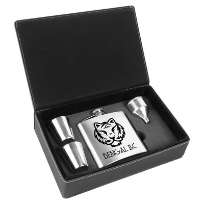 6 oz. Stainless Steel Flask Set in Black/Silver Laserable Leatherette Box