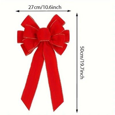 Christmas Red Flocked Edge Velvet Bow Multi-Loop Ribbon Ornament Hanging Decoration