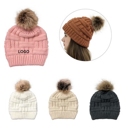 Knit Pom Beanie w/Ponytail Hole