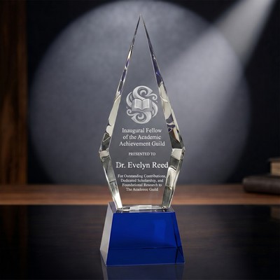 11" Clovis Clear Faceted Spire Crystal Award on Blue Slant Base