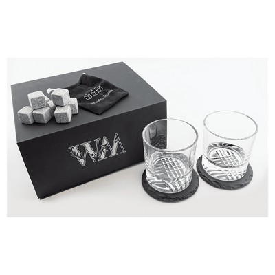 Lazerburst Whiskey Set with Two 9 oz. Glasses, 4" Slate Coasters & Granite Stones