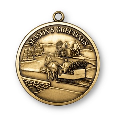 Solid 2" Brass Horse Drawn Sleigh Stock Ornament w/ Reverse Black Imprint