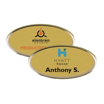 2 3/8" x 1 1/8" Gold Framed Oval Name Badge w/Full Color Imprint & Personalization