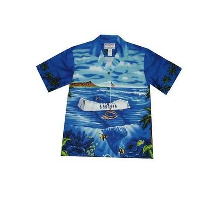Hawaiian Tropical Military Print Shirt / 100% Cotton Poplin / Arizona Memorial - Pearl Harbor