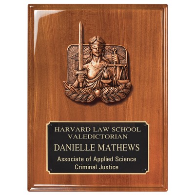 Piano Finish W=alnut Plaque with Lady of Justice, 9x12"