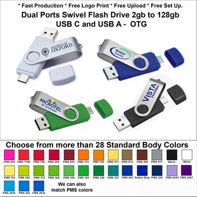 Dual Ports Swivel Silver Flash Drive USB C and USB A 16 GB OTG