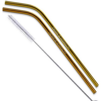 2 Piece Reusable Bent Stainless Steel Straw with Cleaning Brush