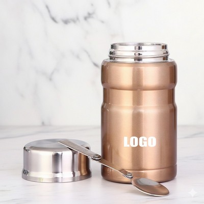 750Ml Stainless Steel Food Cups Mug W/ Foldable Spoon
