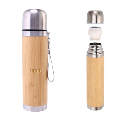 17 oz. Double Wall Insulation Stainless Steel Bamboo Bottle with Straw Lid