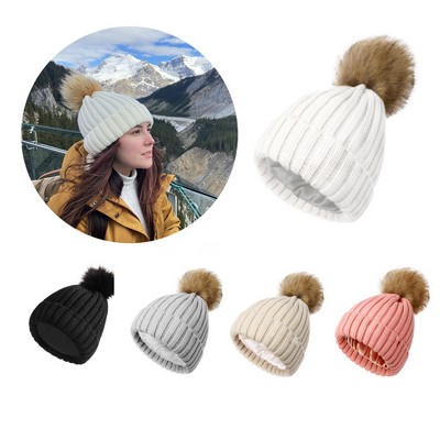 Knitted Beanie with Satin Lining & Pom Pom