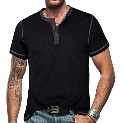 Summer Retro Waffle Color Block Henry T-Shirt For Men