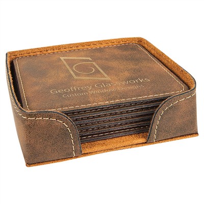 4" Square 6-Coaster Set with Holder, Laserable Leatherette