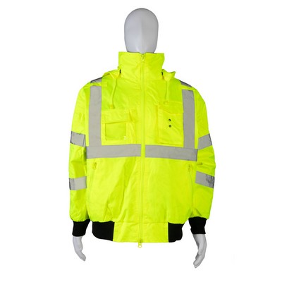 ANSI Class 3 All Lime 2-IN-1 Waterproof Bomber Jacket with Removable Fleece Liner
