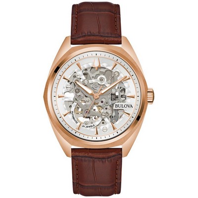 Bulova® Men's Surveyor Automatic Brown Leather Strap Watch w/Silver White Dial