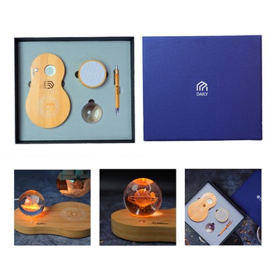 3 Pieces Bamboo Wireless Speaker, Wireless Charging Night Light & Pen Business Gift Set