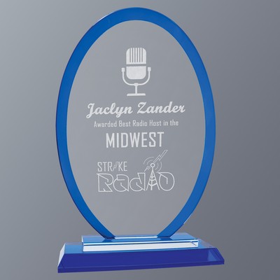 Regal Oval Glass Award with Blue Edges and Base, Medium (4-3/4"x 7-1/2"H)