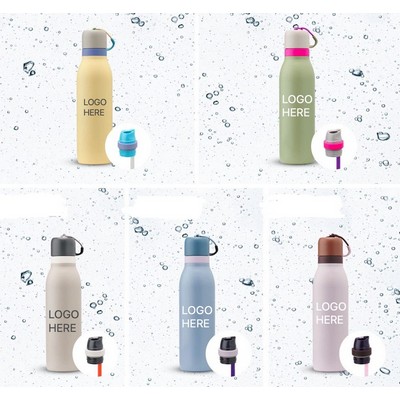 24 Oz. FreeSipTwist Double Lid Stainless Steel Straw Water Bottle Insulated Sport Flask