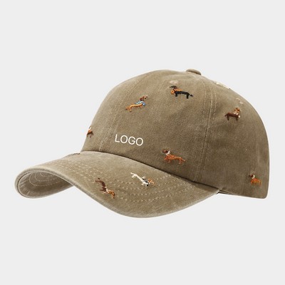 Vintage Washed Cotton Baseball Cap Soft Top Puppy All-Over Embroidery Duckbill Hat Streetwear