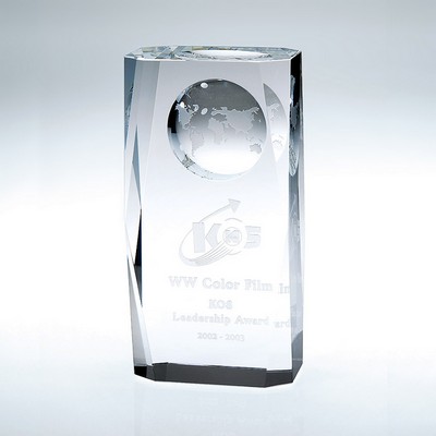 Beveled Globe Column Award with Pre-Etched Concave Globe, 8"H