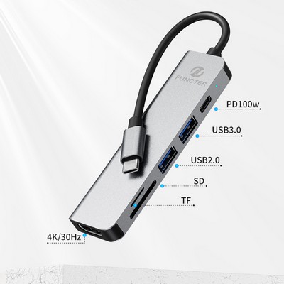 USB C Hub Multiport Adapter 6" 1 with HDMI, Power Port USB 3.0 Data Port Card Reader